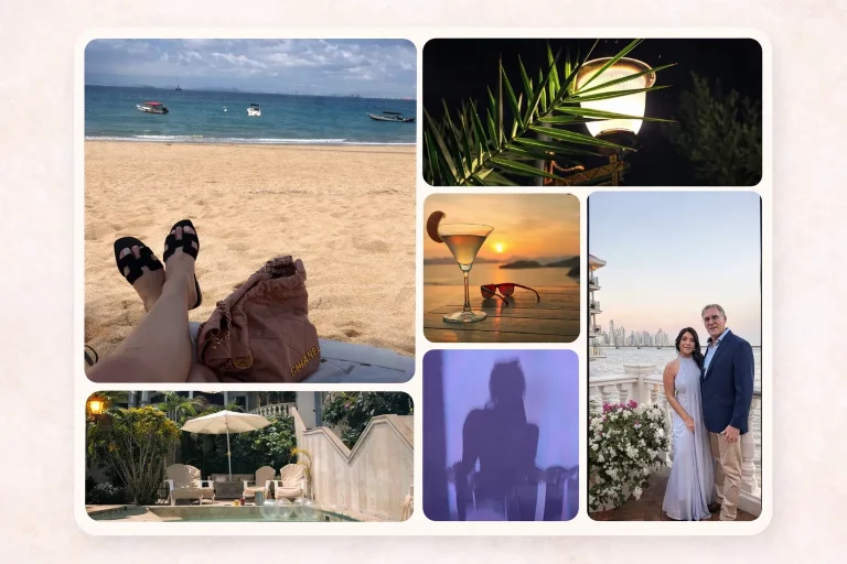 Images of beach, drinks and a couple at party.